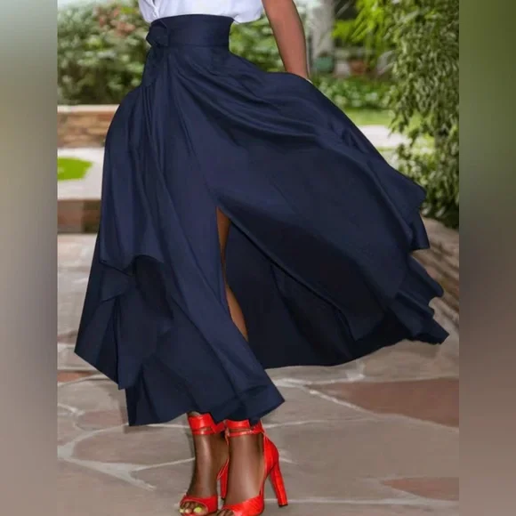 Elegant Plus Size Maxi Skirt High Rise,Pleated Bow an Asymmetrical - Picture 1 of 5